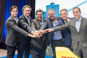 (From left to right): Nelson Piquet Jr., Alejandro Agag - Formula E CEO, Montreal Mayor Denis Coderre, Far right Geoff Molson.