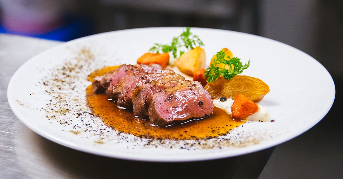 GRILLED LAMB SIRLOIN celeriac, baked garlic, shiitake, mushroom glaze