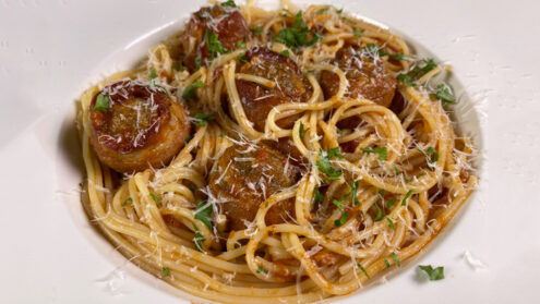 Chef Schulz’s Spaghetti a la Marinara with Bacon Wrapped Meatballs